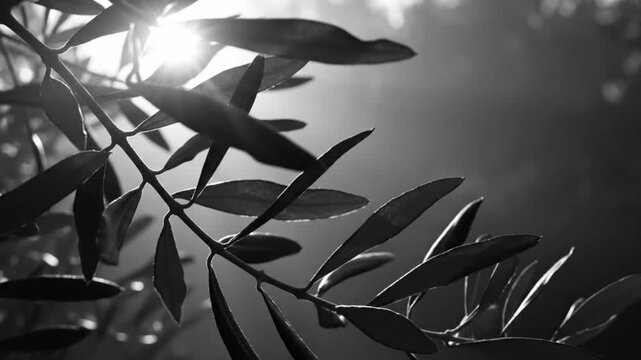 Black and white close up of olive tree branches with sun shining through leaves creating a dramatic image