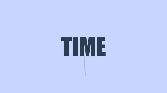 Bold dark blue 'TIME' typography with subtle, moving clock hands visually represents the passage of time.