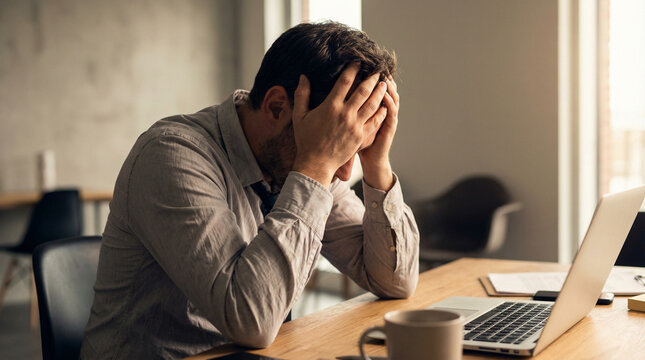 Stressed businessman holding head at laptop in office. Burnout, work overload, mental fatigue, headache 