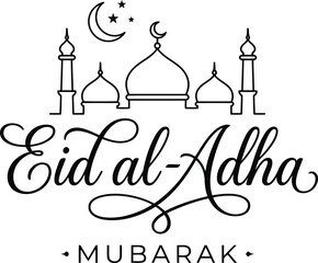 Obraz premium Eid al Adha Mubarak text with mosque and crescent moon illustration