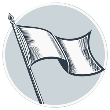 Waving white flag on flagpole in circular frame, surrender symbol, monochrome illustration