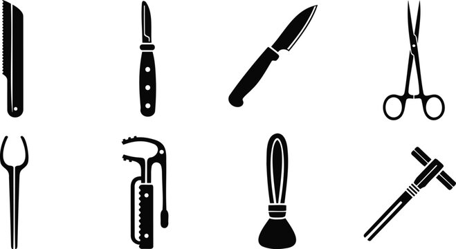 Medical surgical instruments silhouette vector illustration, set 2.