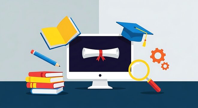 Illustration of graduation diploma displayed on computer screen with study tools