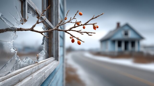 Broken window shows a branch with orange fruit near an abandoned house by the road