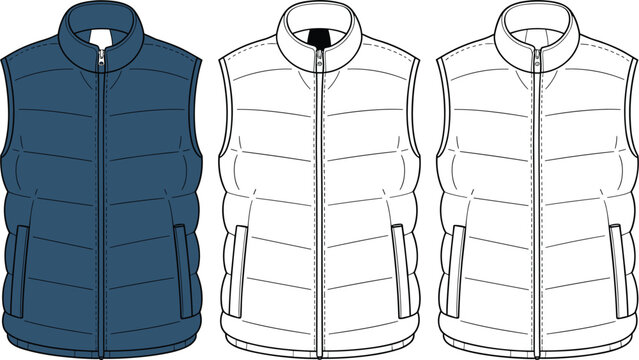 Vector set of puffer vest technical sketches including blue filled and black line art versions