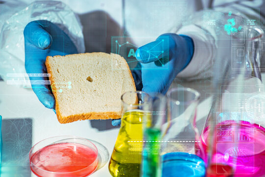 AI, bread, laboratory, scientific testing concept for composition analysis, GMO detection, artificial additives monitoring and product quality control.