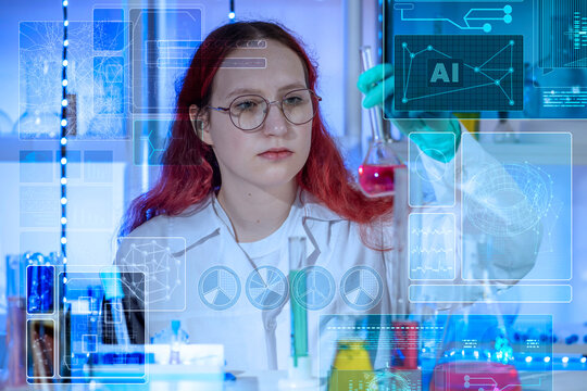 AI, artificial intelligence. Young lab assistant working in modern chemical laboratory with chemical glassware, virtual scientific HUD interface. Data visualization and future laboratory technologies.