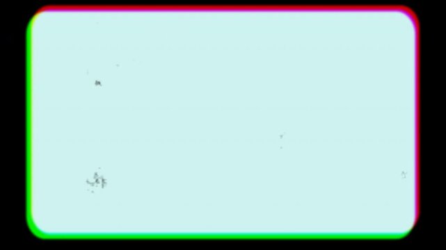 A vintage analog film overlay features a pale cyan rectangular screen with rounded corners, surrounded by vibrant green and bright magenta chromatic aberration borders against a dark black background