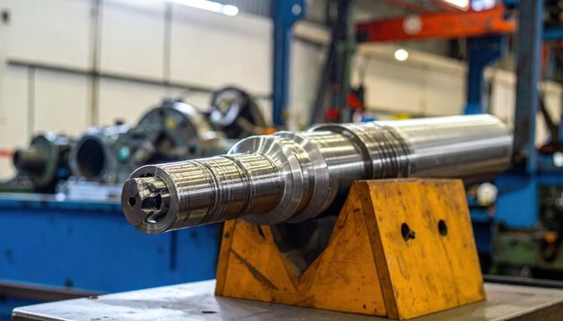 Precisely Machined Steel Shaft Resting on Industrial V-Blocks in a Manufacturing Facility