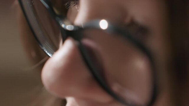 Woman studying attentively. Focused woman wearing glasses analyzing information thoughtfully with concentration. Woman deeply engaged in careful reading or detailed examination while wearing glasses