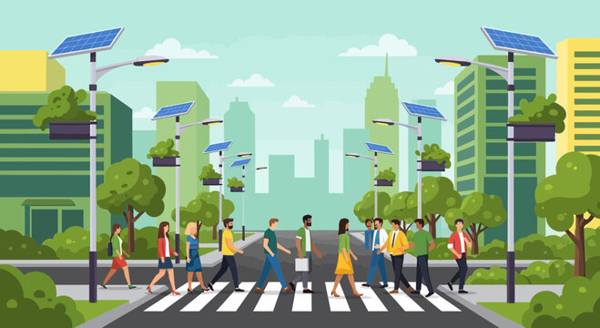 Diverse group of people crossing a busy city street.