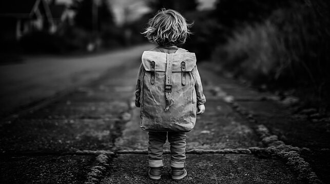 Small child with oversized backpack standing on sidewalk