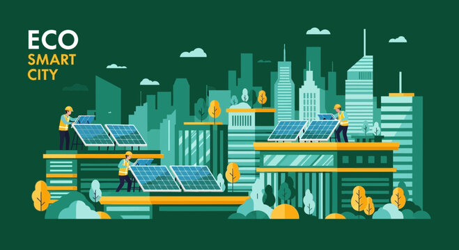 Eco Smart City with Solar Panels and Green Energy.