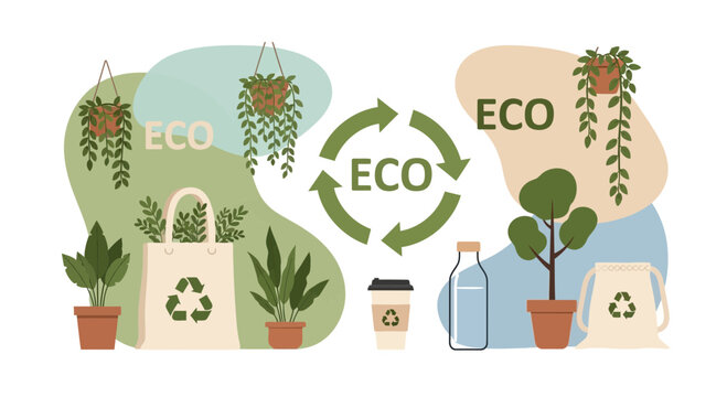 Ecofriendly lifestyle with reusable items and plants.