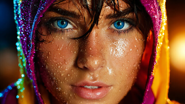 Intense Blue Eyed Woman in Colorful Wet Hood