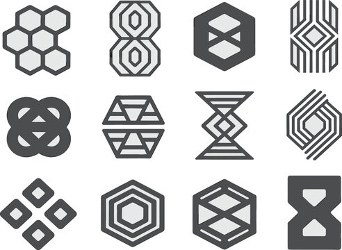 Collection of abstract geometric hexagon logo icons with modern minimalist shapes and linear patterns for corporate business branding
