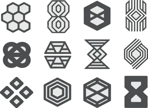 Collection of abstract geometric hexagon logo icons with modern minimalist shapes and linear patterns for corporate business branding