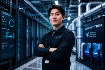Fototapeta premium 데이터 센터 냉각 시스템 앞에서 자신감 넘치는 동양인 기술자가 서 있는 모습.