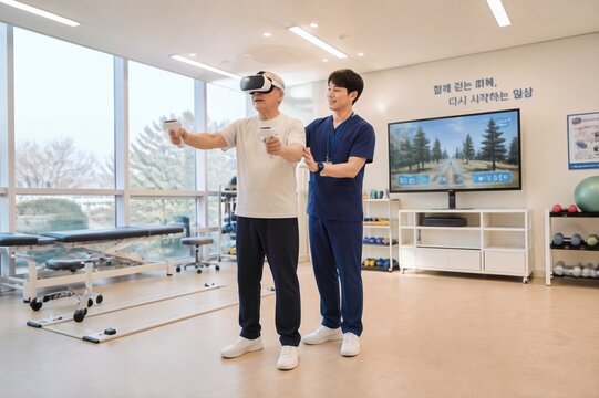 물리치료사와 함께 VR 헤드셋을 착용하고 재활운동하는 70대 노인, 밝은 재활실에서 미래 의료 기술을 경험.