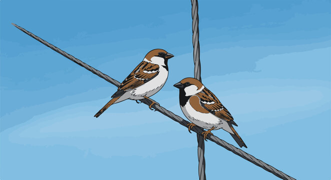 Two sparrows perched on wires against a clear blue sky
