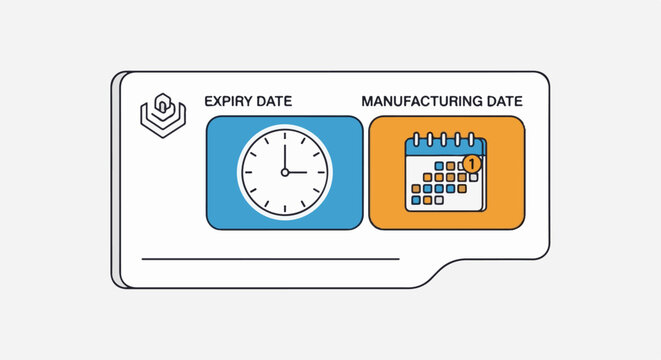Illustration of clock and calendar icons representing expiry and manufacturing dates