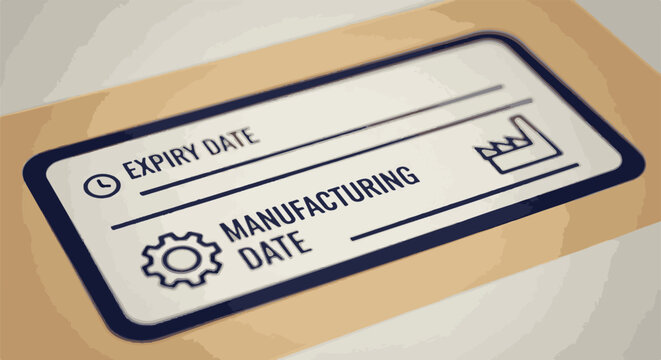 A stamp lists expiry and manufacturing dates with icons for time and production