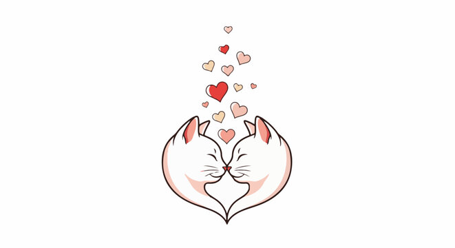 Two white cats with pink ears are kissing, surrounded by hearts