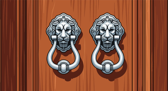 Two ornate silver lion head door knockers on a wooden door