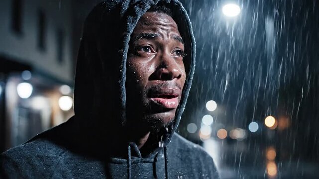Man outdoors in rain wearing hood crying with wet face at night