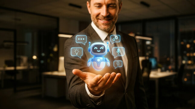 Professional businessman holding glowing AI robot hologram for digital transformation and smart automation