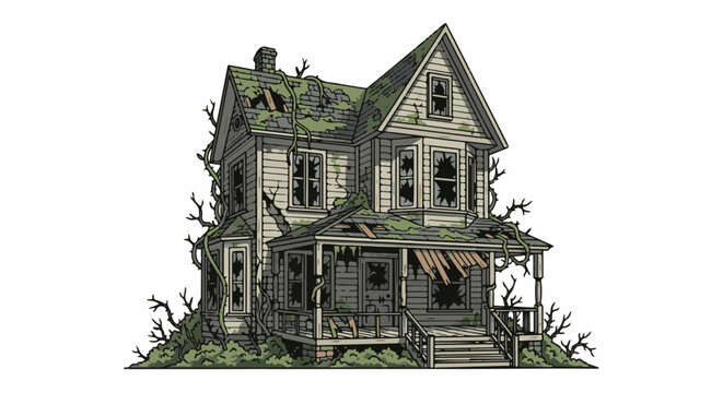 An overgrown, dilapidated Victorian-style house with broken windows