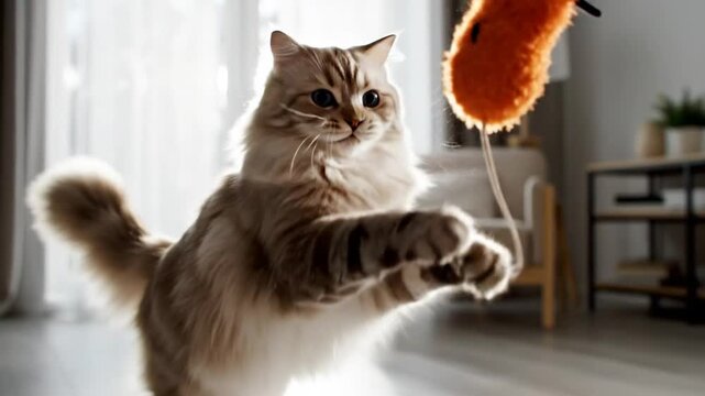 Playful Long-Haired Cat Chasing and Pouncing on Toy with Bright Blue Eyes in a Sunny Living Room