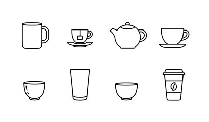 Obraz premium Minimal line drinkware icons with coffee cups teapot and glass outline vector set