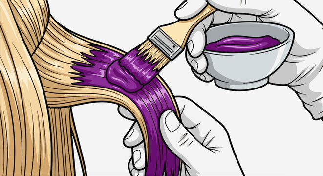 Hands applying purple dye to blonde hair with a brush and bowl