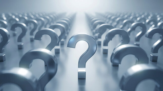 Array of metallic question marks on grey surface for problem solving and business decision making concept