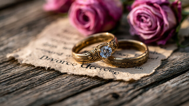 Worn gold wedding bands resting on a crumpled divorce decree beside wilting roses on a weathered oak table, morning light casting long shadows across the paper, perfect for divorce healing, legal se