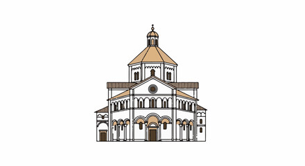 Obraz premium Stylized facade of a large domed building with arched entrances and windows