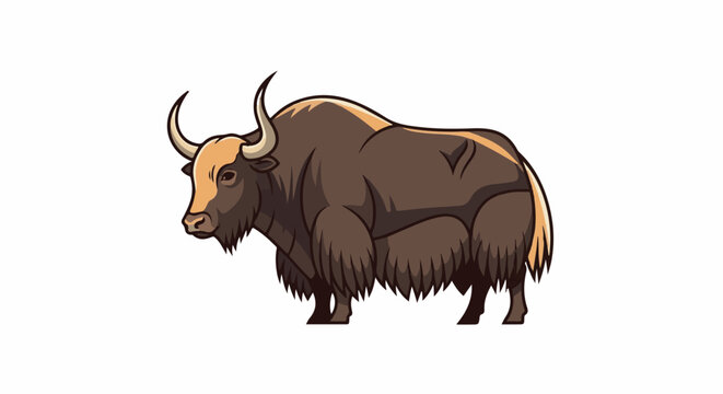 A brown yak with tan markings and curved horns stands facing left