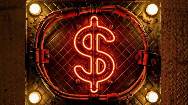 Red neon dollar sign pulses on dark grunge industrial background with glowing lights