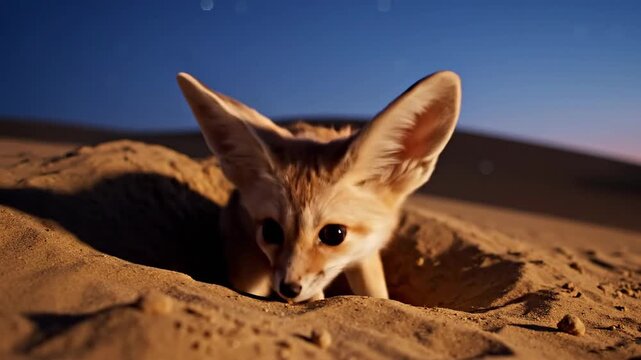 Shy Fennec Fox Peeks From Desert Burrow At Dusk