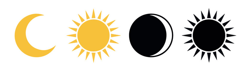 Set of stylized celestial bodies including sun moon and eclipse phases graphic elements for astronomy and astrology icons. © Sumon