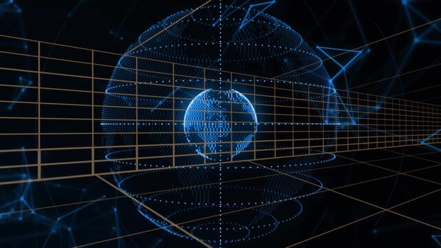 Inner blue globe appearing triggers outer shell forming, shells rotating, pulsing to show data
