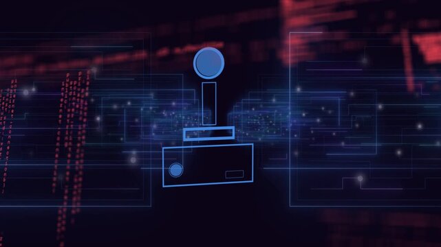 Joystick-like icon shifting and tilting as red code streams sliding in, pulsing to show data surge