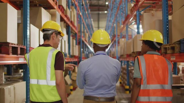 Storage crew walking aisle overlays on shelves as worker pointing and lead viewing tablet for QC