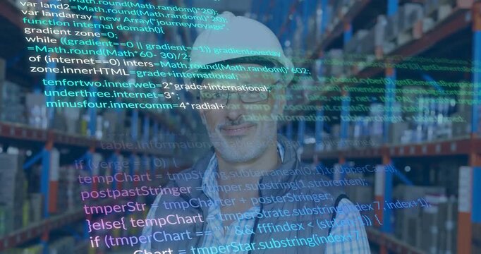 Warehouse manager scanning code overlay appearing and analyzing inventory data while monitoring ops