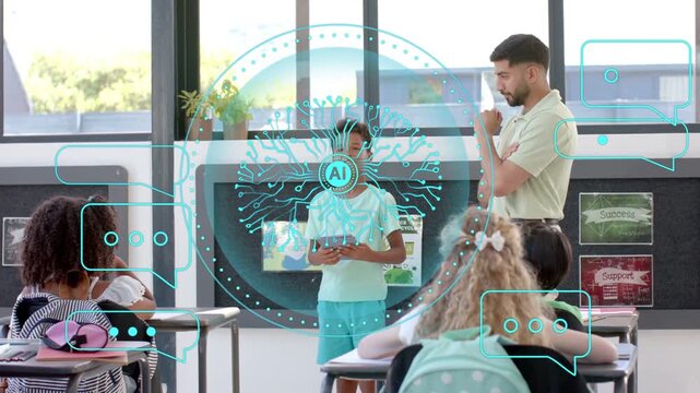 Student presenting front tapping tablet, activating AI overlays in classroom offering feedback