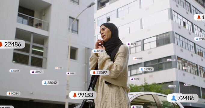 Woman holding phone ending call at curb, incoming social badges multiplying around smartphone