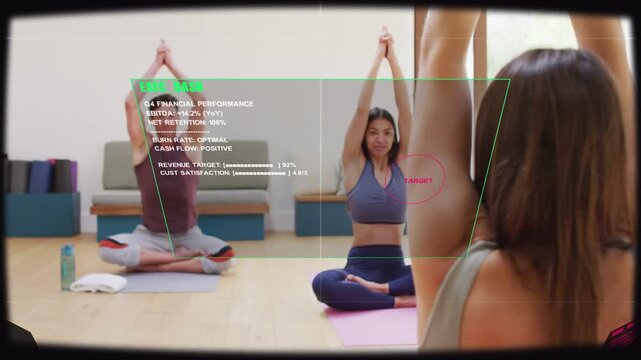HUD activating front woman holding arms while overlay aligning locking TARGET on arm for fitness