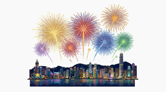 A dazzling display of fireworks erupts over a vibrant cityscape, lighting up the night sky in a burst of colors. The image captures the spectacle of a festive celebration.