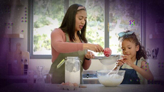Mom scooping flour pouring via sieve, girl whisking batter for baking, purple overlays moving